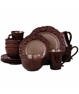 Rim 16 Piece Stoneware Dinnerware Set Brown Textured Casual Round Medium - £71.13 GBP