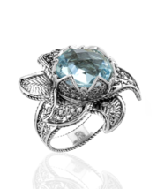 Lotus Flower Blue Topaz Gemstone Women Silver Statement Ring - £36.61 GBP