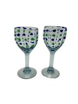 Hand Blown Blue Green Dot Water Goblets Glasses Heavy Mexico Set of 2 - $25.69