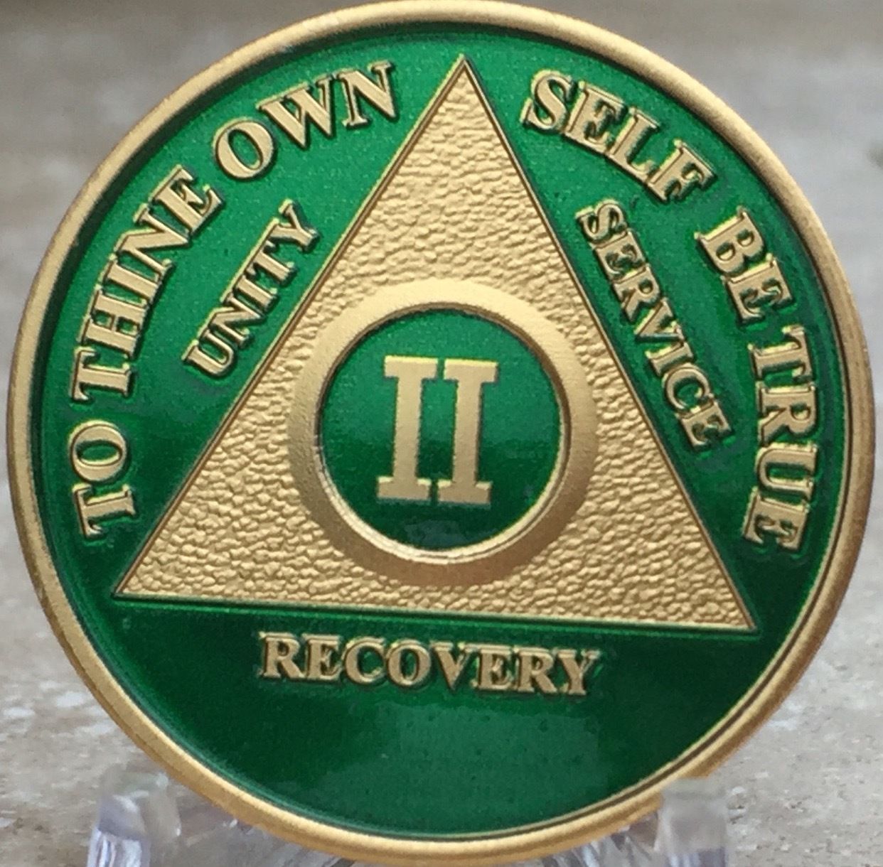 2 Year AA Medallion Green Gold Plated Alcoholics Anonymous Sobriety Chip Coin II - £16.29 GBP