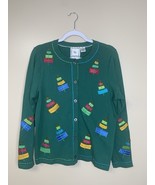 Michael Simon Lite Christmas Cardigan READ size M Embroidered Trees Bead... - $33.89 CAD