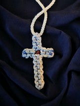 Cord Cross Blue White Knotted Orthodox Prayer Rope Knot Macrame Necklace Vtg - £14.15 GBP