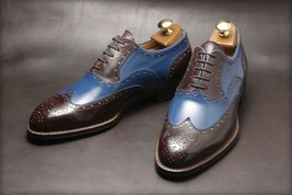 Men Dark Brown Blue Cont Brogue Toe Wing Tip Oxford Genuine Leather Shoe US 7-16 - £110.00 GBP