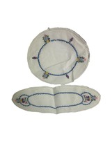 Vintage Dresser Scarf Embroidered Matching Doily White Blue Floral Runner - £14.70 GBP
