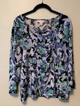 Appleseed&#39;s Top Floral Spandex 3/4 Sleeve  Sz L Purple / Green Drape Front - £9.49 GBP