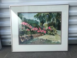 Vera Gilbert Original Signed Watercolor Painting Pink Tropical Flowers Framed - £76.66 GBP