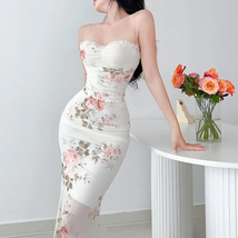 Elegant Flower Print Suspender Dress Women Fashion Off Shoulder Backless Midi Dr - £31.44 GBP