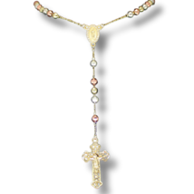 36&quot; Tri Color Rosary Necklace Gold Plated Men Women Religious Chain Jewelry - £11.17 GBP