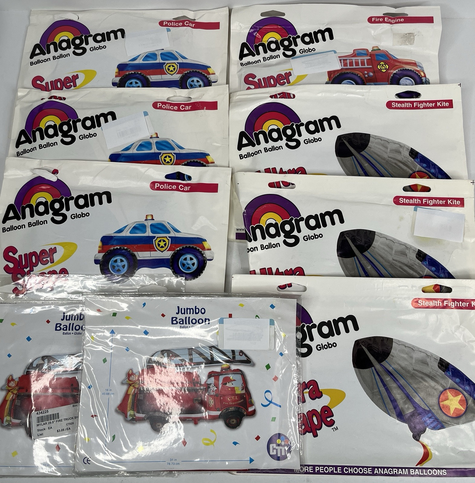 Anagram Mylar Balloon Lot Police Car, Stealth Fighter Kite, Fire Truck J... - $39.64