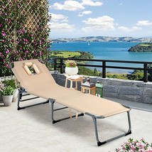 Folding Chaise Lounge Chair Bed Adjustable Outdoor Patio Beach-Beige - £85.46 GBP