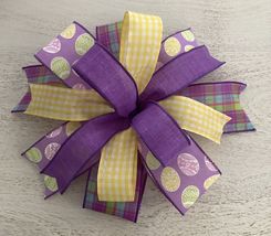 1 Pcs Whimsical Purple Yellow Easter Wired Wreath Bow 10 Inch #MNDC - $35.48