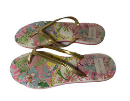 Lilly Pultizer Pink Tropical Print and Gold Strap Flip Flops Womens Size 9 - £11.16 GBP