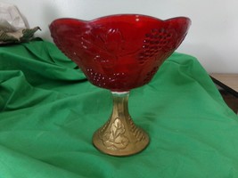 Antique Red &amp; Gold Goofus Glass scallop edge 9&quot; Bowl grape pattern - £18.62 GBP