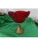 Antique Red &amp; Gold Goofus Glass scallop edge 9&quot; Bowl grape pattern - £18.38 GBP