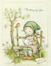 Vintage Thinking of You Card Girl on Bench Annaliese Unused With Envelope - $9.89