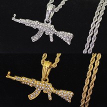 Men Silver Gold CZ Stone Machine Gun Pendant Necklace Punk Hip Hop Biker Jewelry - £7.80 GBP
