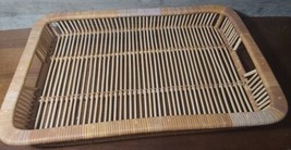 Woven Rattan Rectangular Serving Tray Wooden Slats Boho Handwoven Handle... - $27.72