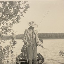 Found B&amp;W Photo Man In Fishing Boat Life jacket 1950s Bull Shoals Lake Missouri - £7.07 GBP