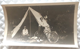 Vintage 1945 Black and White Photo Boys Camp Tent Bicycle Snapshot 4x6 - $9.89