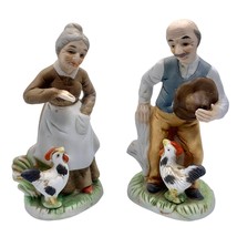 Vintage Flambro Folk Country Life Farmer Figurines Bisque Porcelain Roosters - $17.51