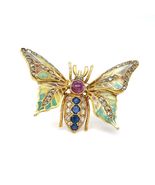 14k Yellow Gold Gemstone Enamel Plique-A-Jour En Tremblant Moth Brooch - $114,854.67 MXN