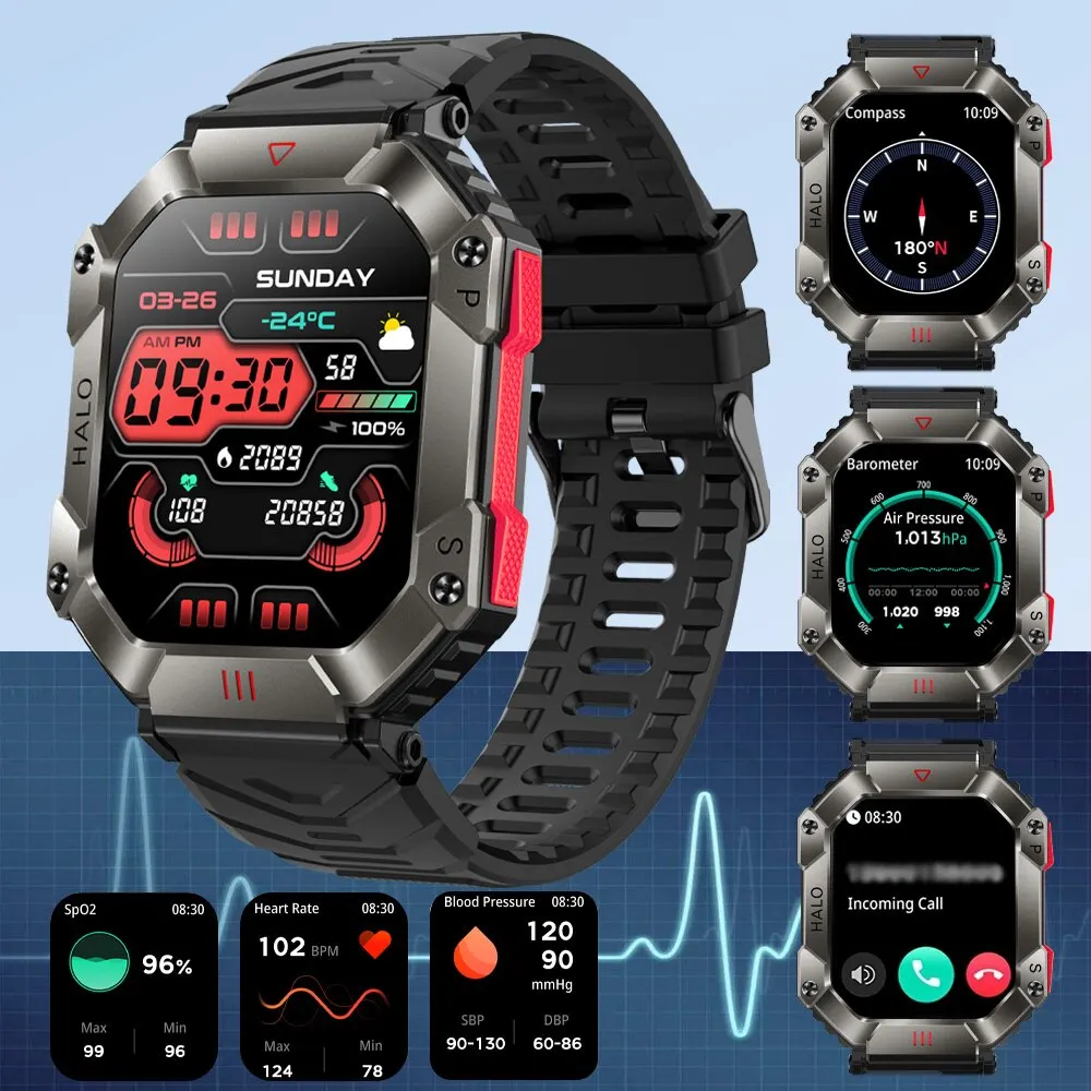 Men Smartwatch Compass Barometer Altimeter GPS Trajectory Outdoor Sport Bluetoot - £74.35 GBP