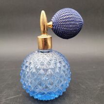 Vintage Spikey Blue Glass Perfume Bottle Gold Tone w/Mesh Ball Atomizer - $17.86