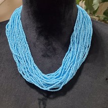Womens Fashion Blue Seed Bead Multi Strand Collar Necklace with Lobster Clasp - £21.36 GBP
