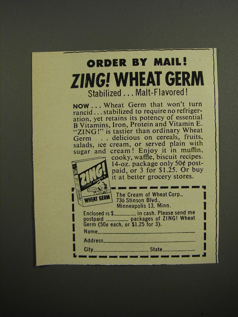 1952 Cream of Wheat Zing! Wheat Germ Advertisement - $18.49