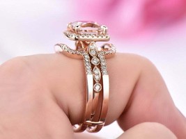 3.25Ct Princess Cut Morganite Bridal Set Engagement Ring 14K Rose Gold Finish - £130.71 GBP