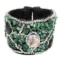 Mosaic Green Oval Agate Indian Jade Aventurine Wide Cuff Bracelet - £25.25 GBP