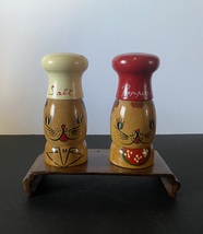 Vintage Tall Wooden Hand Painted Kitty Cat Chefs Salt &amp; Peppers - £9.39 GBP