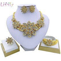 Liffly Dubai Elegant Bridal Fashion Jewelry Sets Flower Necklace Bracelet Earrin - £20.84 GBP