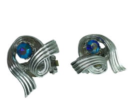 Vintage Earrings Signed LISNER Blue Rhinestone Clip On Mod Metal retro swirl - £9.37 GBP