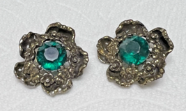 2 Vintage Metal Flowers w Green Rhinestone Center 1 Inch Very Detailed - $9.41