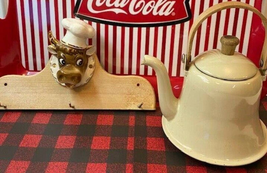 Vintage Ceramic Bull Cow Misc Apron Pot Holder Rack and Teapot SET of 2 - $43.55