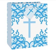 Fancy Blue Cross Glossy Gift Bag Medium Baptism Confirmation Communion - $3.55