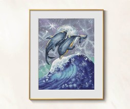 Dolphin cross stitch sea pattern pdf - Big Wave cross stitch dolphins em... - $13.69
