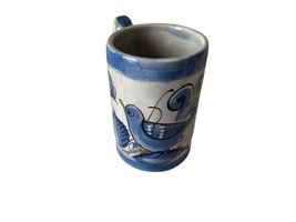 Vintage Mug Mexican Tonala Art Pottery Signed Blue Bird Flowers Drinkware 3 3/4&quot; - £11.74 GBP