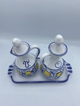 Oil &amp; Vinegar Ceramic Decanters w/Underplate Hand Painted Made in Italy Blue  - £63.28 GBP