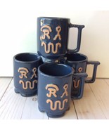 FRANKOMA Pottery Ranch Mug Set Of 4 C1 Brands Western Cups Navy Blue Vintage - $39.55