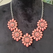 Womens Coral Enamel Bead Silver Tone Bib Statement Necklace with Lobster Clasp - £19.35 GBP