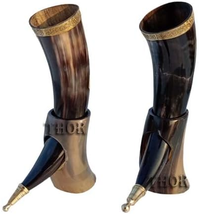 Viking Drinking Horn Mug Thor Hammer Hand Carved Large 10&quot;-12&quot; with Stand/Set of - £36.31 GBP