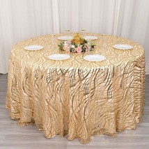 120&quot;&quot; Champagne Mesh Round Tablecloth Wavy Embroidered Sequins Party Hom... - $127.08