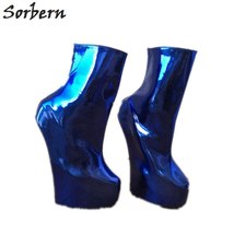 Royal Blue Metallic Ankle Boots For Women Hoof Heelless Short Ladies Boots Platf - £283.60 GBP