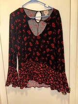 Mossimo Blouse Top Shirt Black Red Roses Floral Ruffled Bell Sleeves Small - $14.85