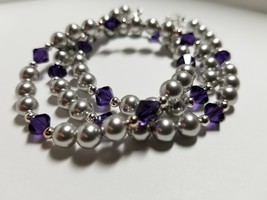 Light Gray Crystal Pearls &amp; Purple Velvet Crystal Necklace - £26.37 GBP