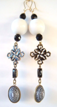 Vintage Earrings Black White Brass Statement Dangle Long Deco Victorian Inspired - £13.31 GBP