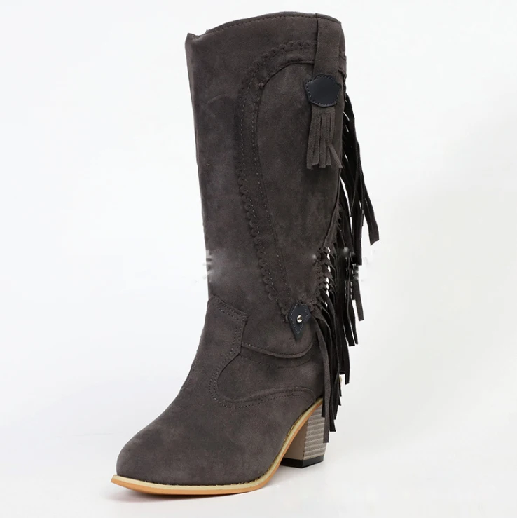  Tel Boots Women Mid-calf Low Heel Bohemia Style Motorcycle Boots Fringed boy Bo - £243.51 GBP