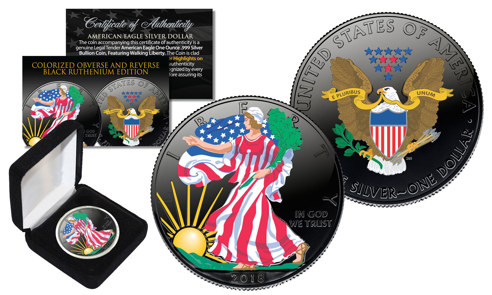 BLACK RUTHENIUM & COLORIZED 2-Sided 1 Troy Oz .999 2023 Silver Eagle Coin w/Box - £67.23 GBP